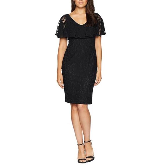 Ralph Lauren Black Lace Cocktail Dress Size 8 Ruffled V-Neck Short Sleeve Sheath - Picture 10 of 12